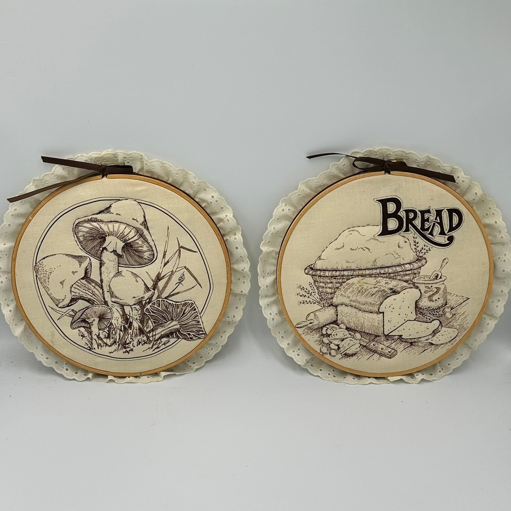 Vintage Kitchen Wall Art Set 2 10in Cream Mushroom Bread Cottagecore Decor‎ 70s
